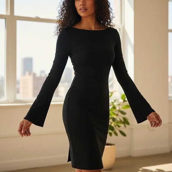 Ever New Melbourne Dress, black bodycon, midi, flare sleeve, size 2us, 6au - Picture 7 of 7